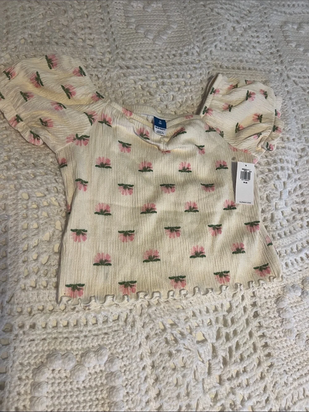 Old Navy Cream Crop Top with Pink Floral Print